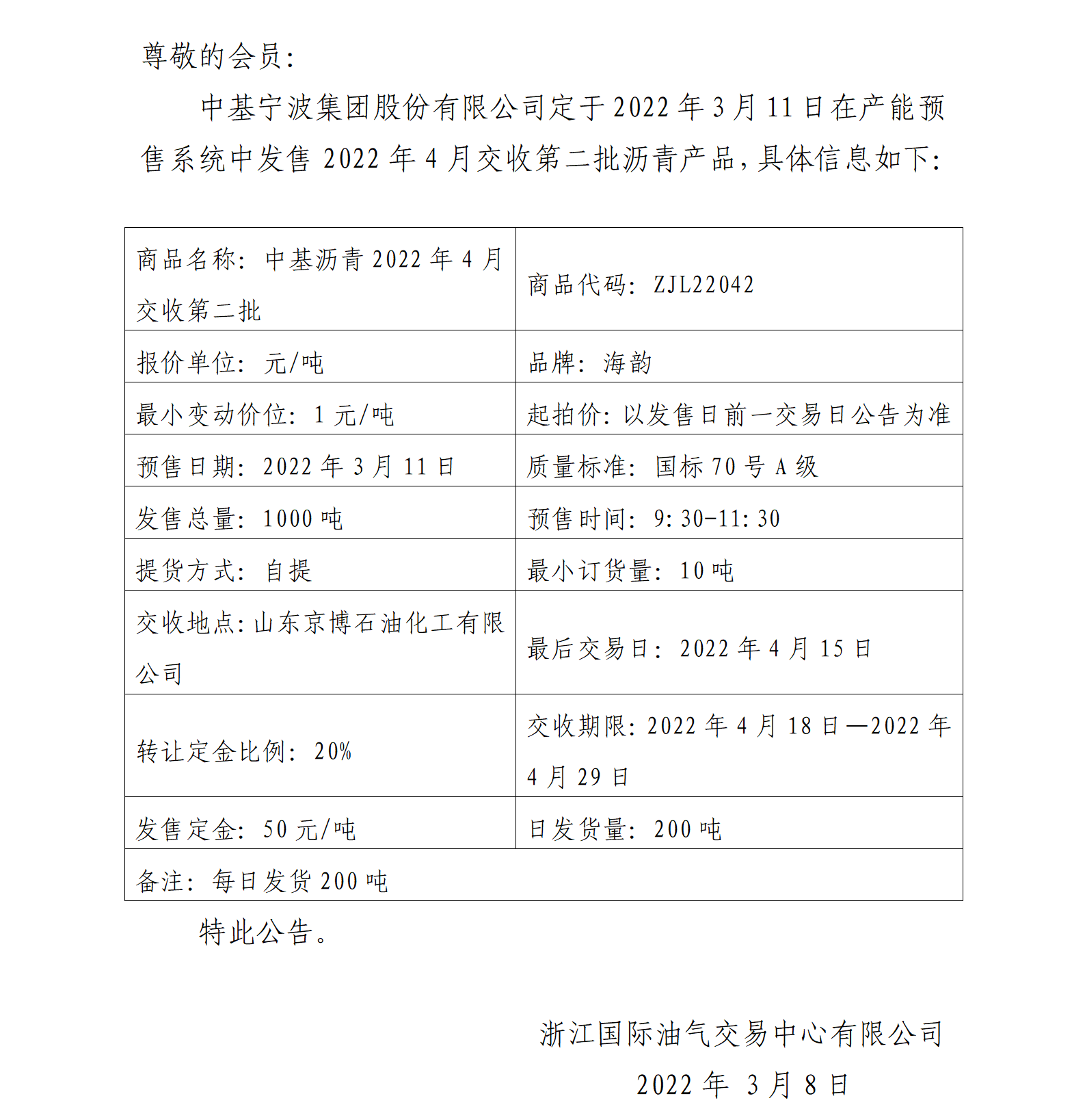 关于中基宁波集团股份有限公司预售2022年4月交收第二批沥青产品的公告_01.png