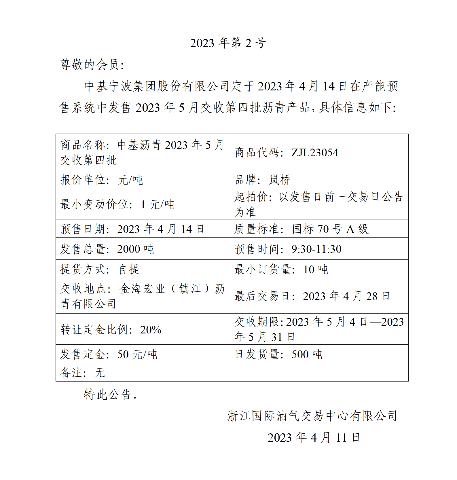 关于中基宁波集团股份有限公司预售2023年5月交收第四批沥青产品的公告_01.png