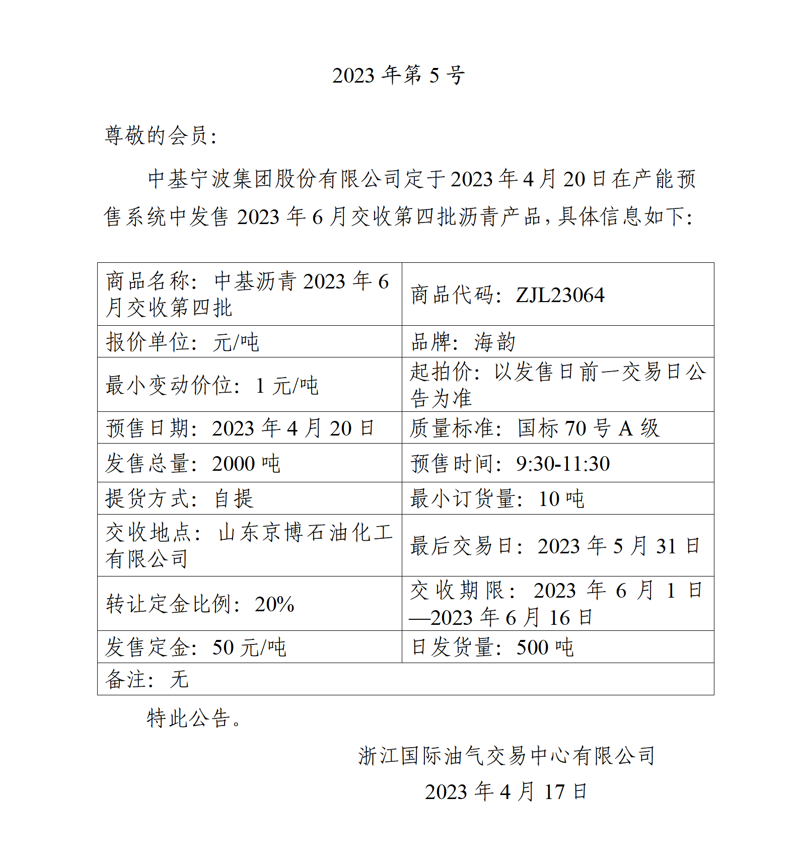 关于中基宁波集团股份有限公司预售2023年6月交收第四批沥青产品的公告_01.png