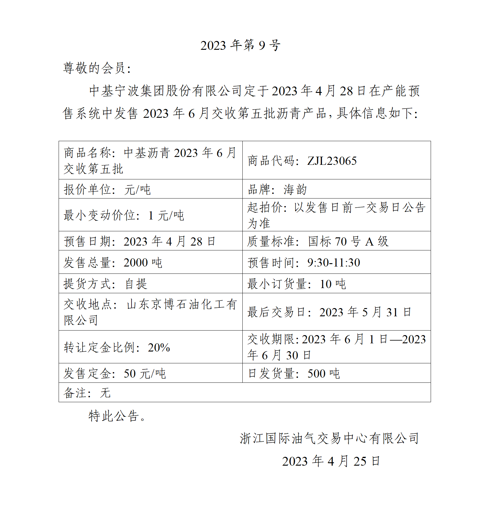 关于中基宁波集团股份有限公司预售2023年6月交收第五批沥青产品的公告_01.png