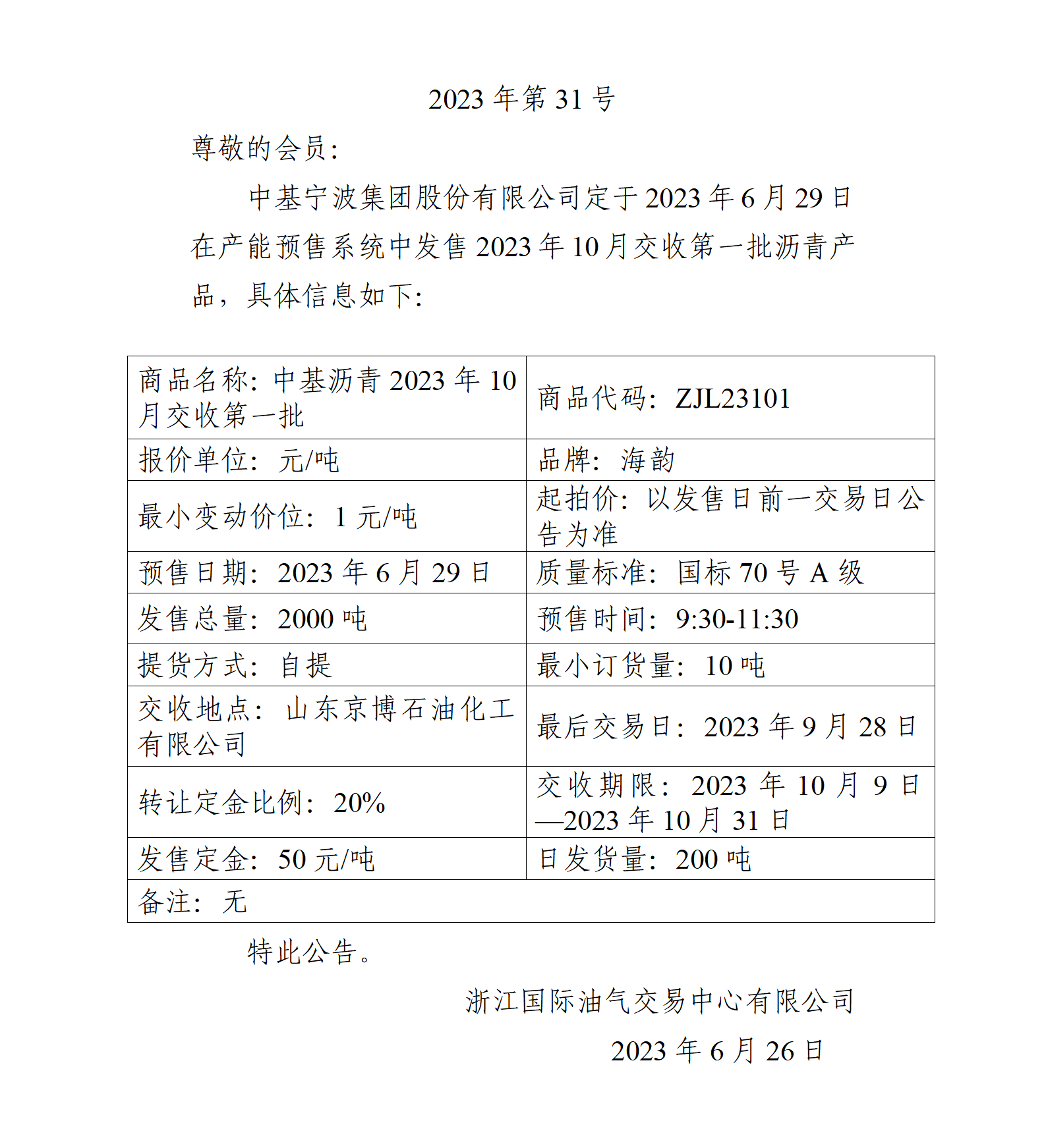 关于中基宁波集团股份有限公司预售2023年10月交收第一批沥青产品的公告_01.png