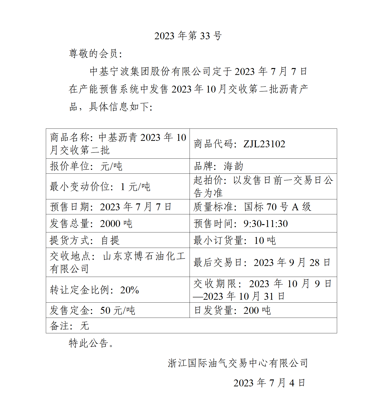 关于中基宁波集团股份有限公司预售2023年10月交收第二批沥青产品的公告_01.png