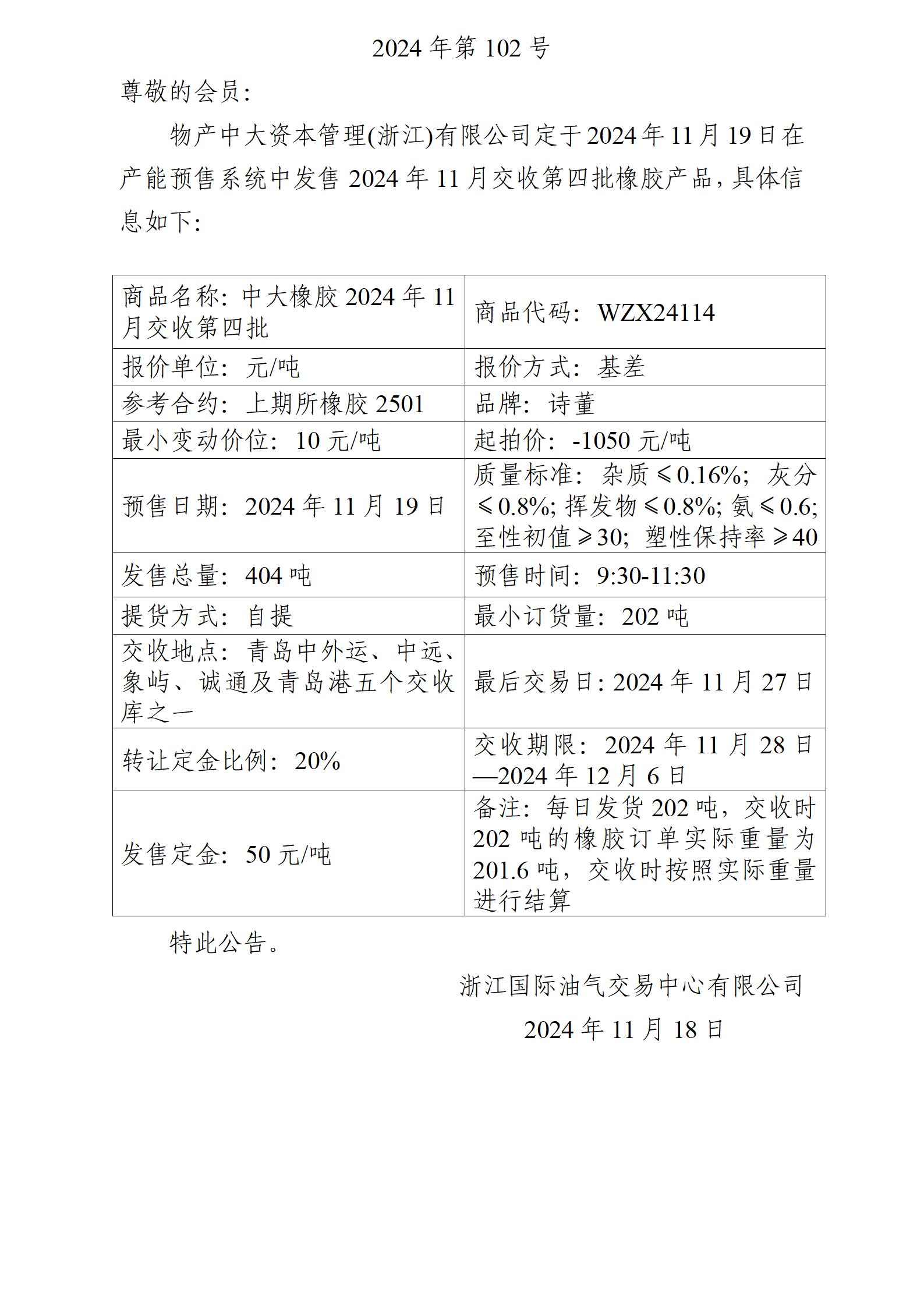 关于物产中大资本管理(浙江)有限公司预售2024年11月交收第四批橡胶产品的公告_01.png